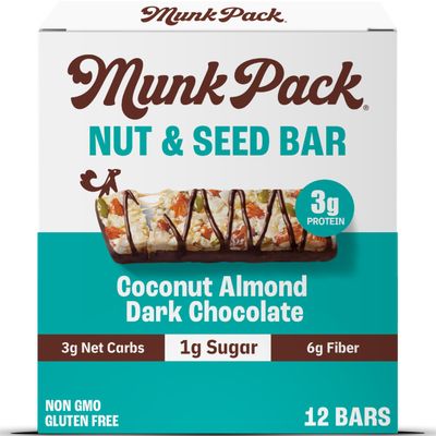 Munk Pack Nut &amp; Seed Bar Coconut Almond Dark Chocolate | 1g Sugar, Low Carb &amp; Keto, 3g Protein | Gluten Free, Plant Based, Zero Added Sugar | Sweet &amp; Nutty Breakfast &amp; Snack Bars | 12 Count