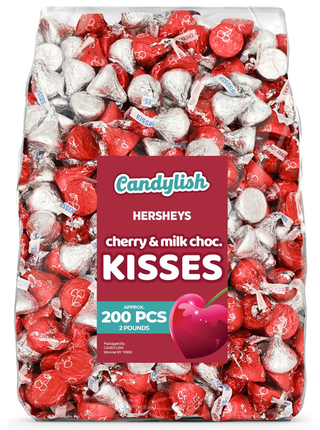 Hershey&#39;s Kisses Cherry &amp; Milk Chocolate - 2 LB Bulk Candy, Approx. 200 Pieces in Red and Silver Foil