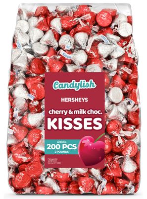 Hershey&#39;s Kisses Cherry &amp; Milk Chocolate - 2 LB Bulk Candy, Approx. 200 Pieces in Red and Silver Foil