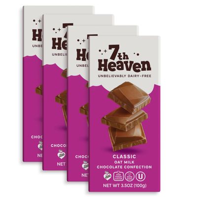 7th Heaven Vegan Oat Milk Chocolate Bars, Creamy Plant Based Dairy Free Chocolate with Chocolate Liquor, Vanilla Extract, Fair Trade Cocoa &amp; Coconut Oil, Kosher Parve - 3.5oz Full Size Candy Bars, 4Pk