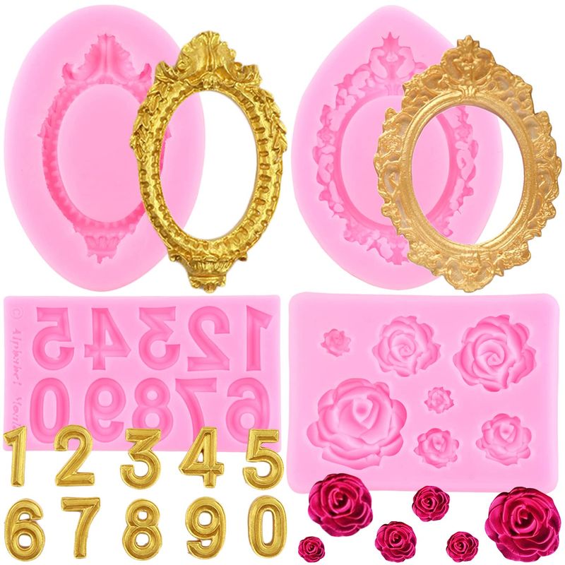 LKDQUTHM Photo Frame Silicone Molds Number Rose Flower Fondant Molds For Chocolate Candy Cake Decorating Cupcake Topper Gum Paste Polymer Clay Set Of 4