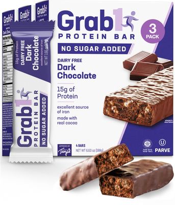 Grab1 Sugar Free Protein Bars, Dairy Free Dark Chocolate (3 Pack = 12 Bars) | 12gr Protein + 4gr Fiber | Low Calorie | Zero Sugar