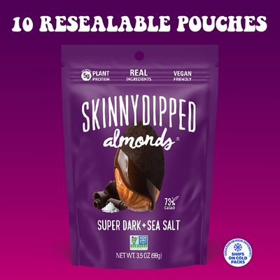 SkinnyDipped Super Dark Chocolate + Sea Salt Almonds, Vegan, Healthy Snack, Plant Protein, Gluten Free, 3.5 oz Resealable Bags, Pack of 10