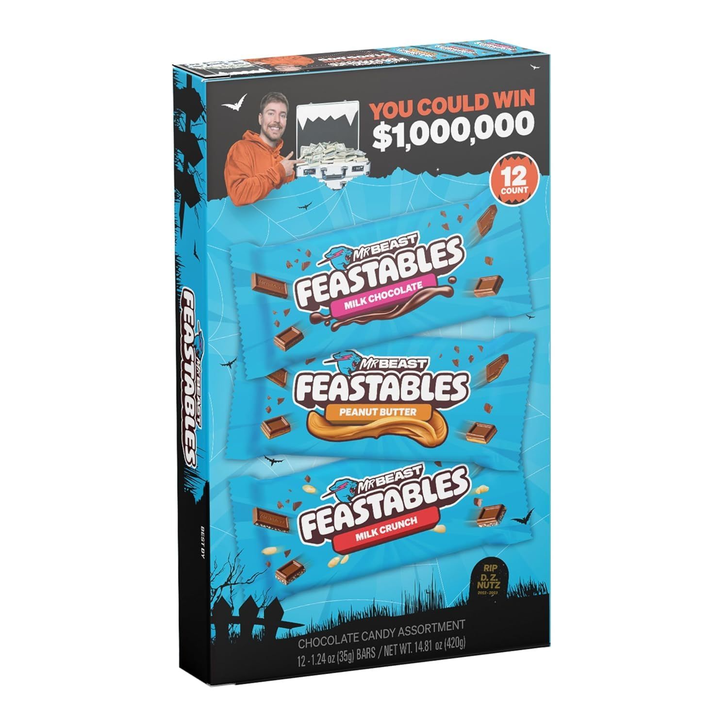 12 Pack of Feastable Halloween Assorted Candy Bar Box, Milk Chocolate, Crunch, &amp; Peanut Butter - Individually Wrapped 35g Bars 35g assortment deez nutz