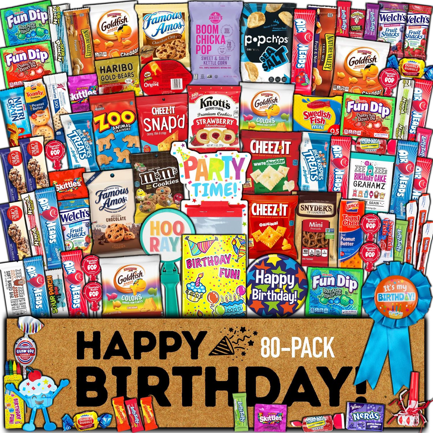 Birthday Care Package (80 Count) Snacks Food Cookies Chocolate Bar Chips Candy Party Variety Gift Box Pack Assortment Basket Bundle Mix Bulk Sampler Treat College Students Kids Teens Office School