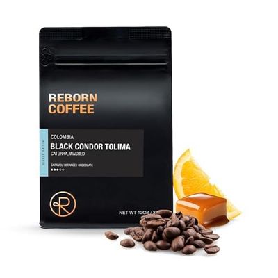Reborn Coffee Specialty Whole Bean Coffee, Medium Roast, 12 Ounce, Colombia Black Condor Tolima, Flavor Notes of Chocolate, Nut, and Citrus