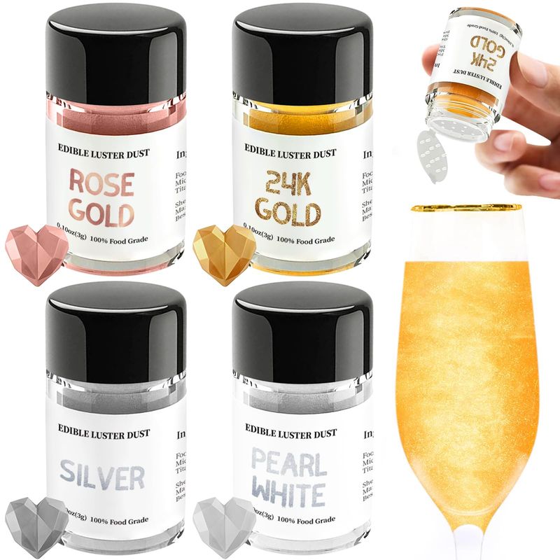 INOCERIS Luster Dust Edible Set 4 Colors Food Grade Shimmer Edible Glitter Metallic Cake Dust, Gold Food Coloring Powder for Cake Decorating, Baking, Fondant, Chocolate, Candy, Drinks, Cookies