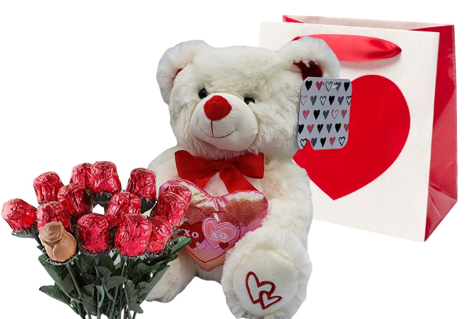 Valentines Day Gift Basket | 10 Inches Teddy Bear Plush (Color May Vary), Valentine Theme Gift Bag &amp; A dozen Belgian Milk Chocolate Roses Bouquet 2.11 ounce | For Her Wife Girlfriend Mother Daughter