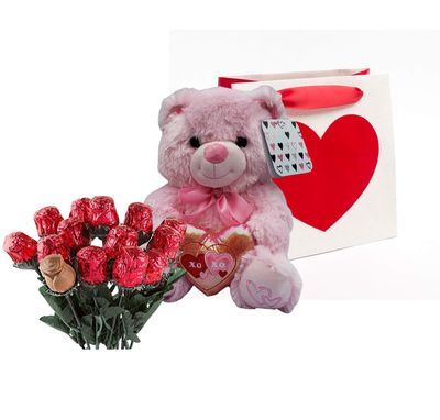 Valentines Day Gift Basket | 10 Inches Teddy Bear Plush (Color May Vary), Valentine Theme Gift Bag &amp; A dozen Belgian Milk Chocolate Roses Bouquet 2.11 ounce | For Her Wife Girlfriend Mother Daughter