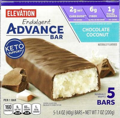 Generic Elevation Advance Chocolate Coconut Bars Keto Friendly (Simplycomplete 5 Pack Per Box) Real Cocoa - Chocolatey &amp; Soft Chewy Drizzling - 2 Net Carbs, Full Size