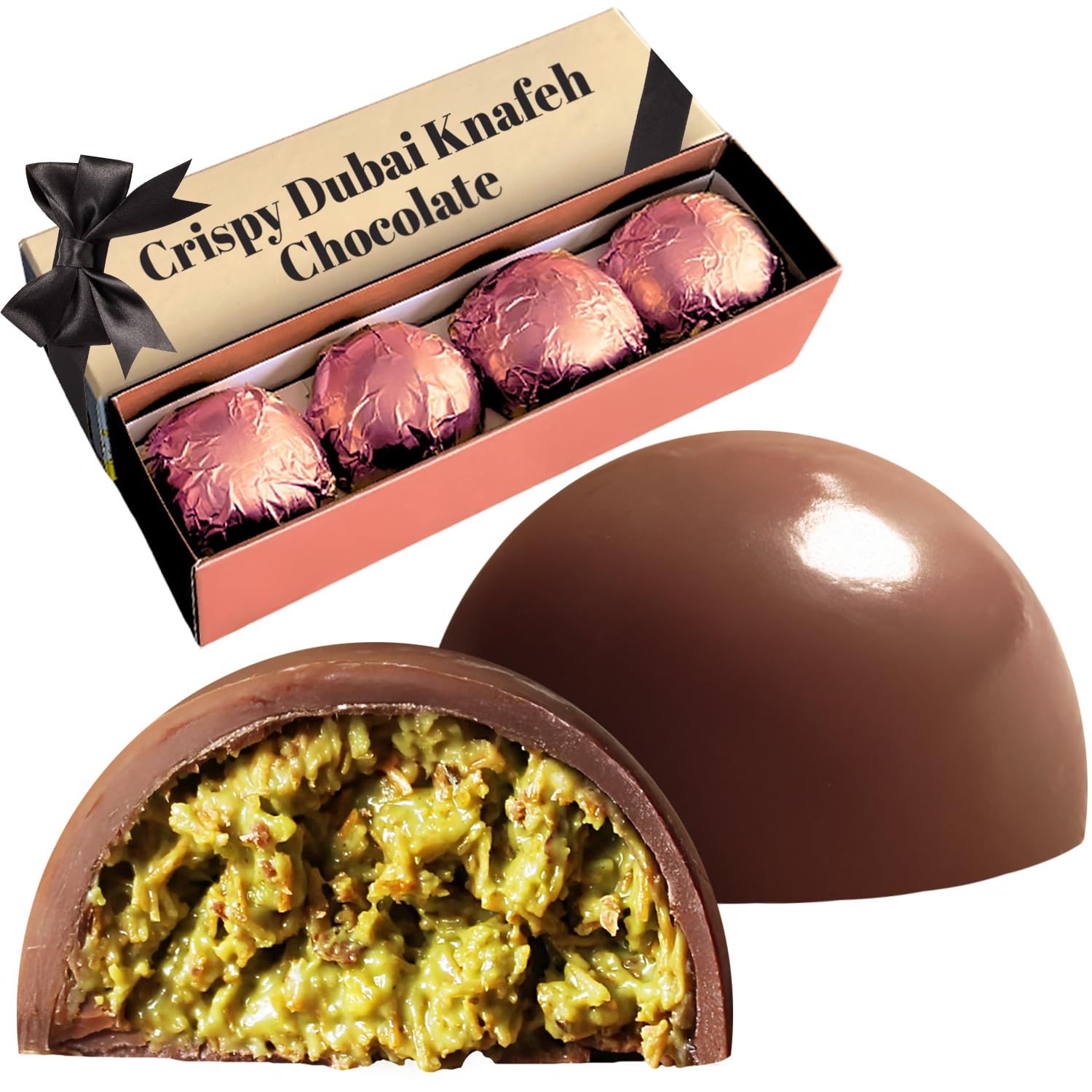 Dubai Pistachio Kunafa Chocolate Balls 5.6 Oz - Gourmet Chocolate with Knafeh Filling-Pistachio &amp; Kadayif, 4-Piece Gift Box - Luxury Chocolate Gift, Exotic Delight with a Crunchy Pistachio Twist