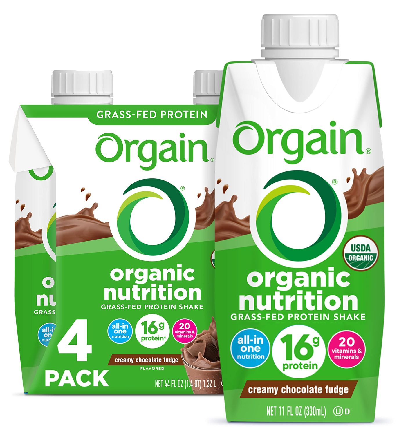 Orgain Organic Nutritional Protein Shake, Creamy Chocolate Fudge - 16g Grass Fed Whey Protein, Meal Replacement, 20 Vitamins &amp; Minerals, Fruits &amp; Vegetables, Gluten Free, Non-GMO, 11 Fl Oz (4 Pack)