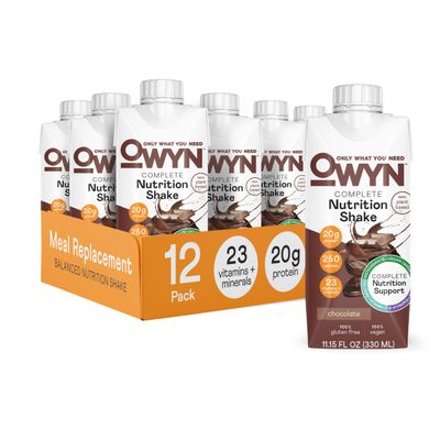 OWYN Only What You Need Vegan Complete Nutrition Protein Shake, 20g plant based protein, 23 Vitamins Minerals, Nutritional Shake, Gluten, Soy, and Tree Nut-Free (Chocolate, 12 pack)