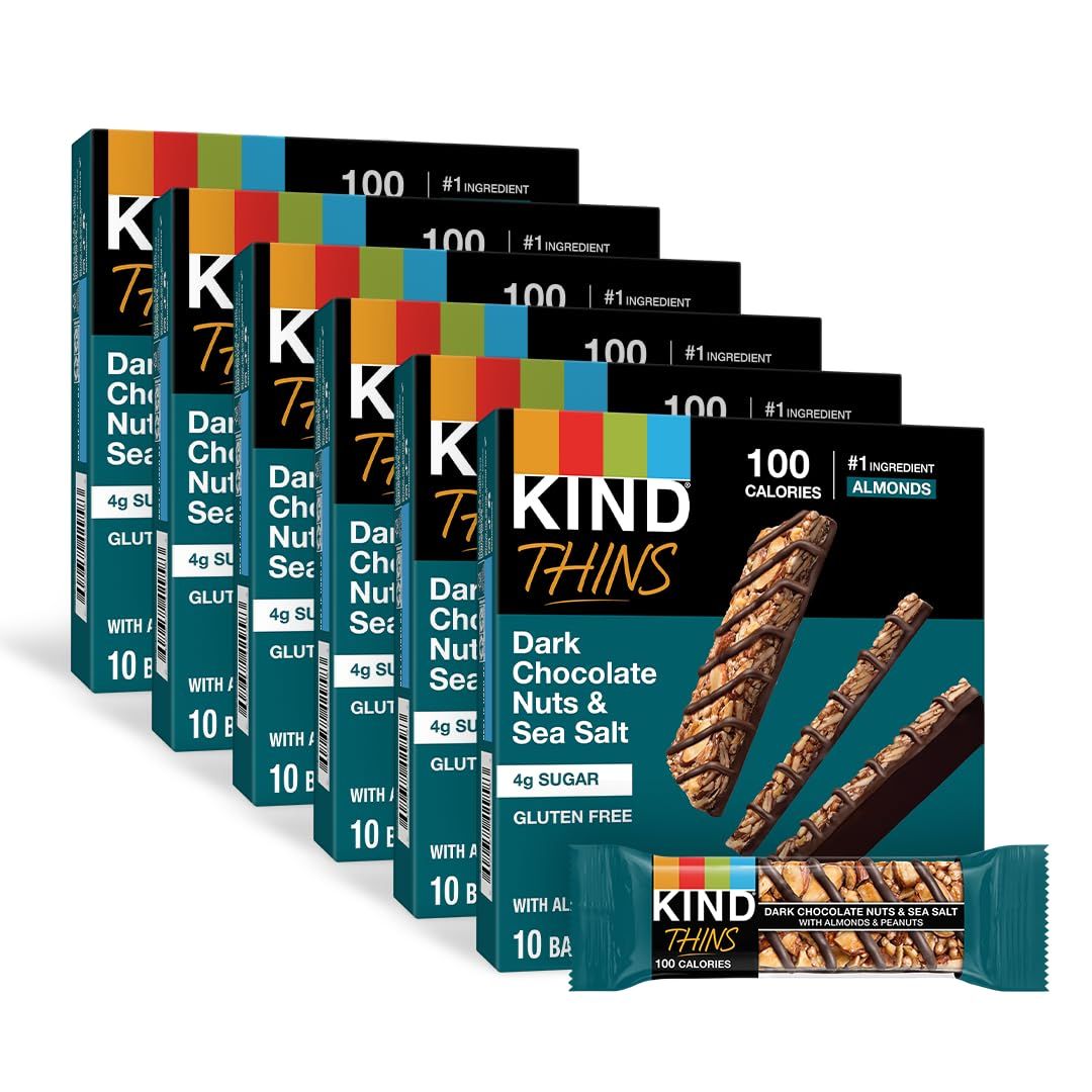 KIND THINS Dark Chocolate Nuts &amp; Sea Salt Bars, 0.74 Ounce, 10 Count, Gluten Free Bars, 4g Sugar (60 Bars)