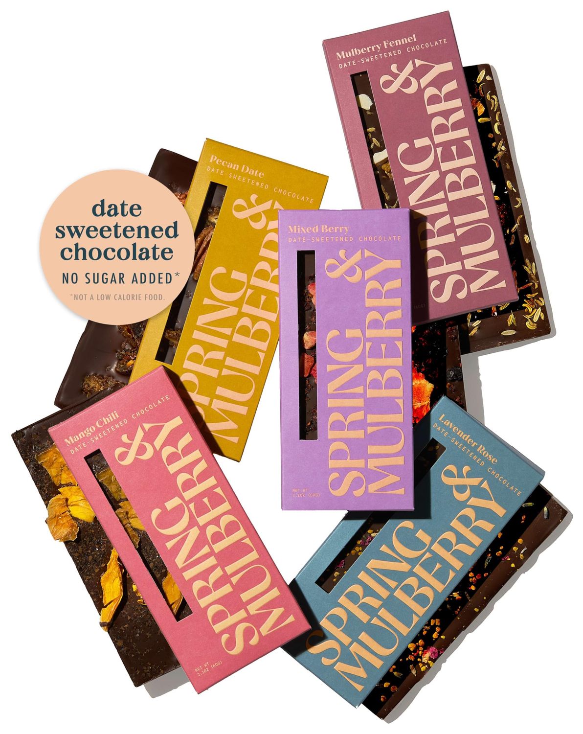 Spring &amp; Mulberry Date Sweetened Chocolate 5-Bar Embellished Variety Pack - Refined Sugar Free Dark Chocolate Sweetened with Dates and Topped with Fruits, Nuts, and Spices