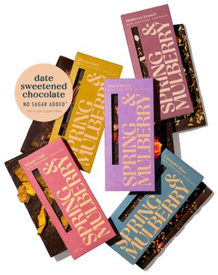 Spring &amp; Mulberry Date Sweetened Chocolate 5-Bar Embellished Variety Pack - Refined Sugar Free Dark Chocolate Sweetened with Dates and Topped with Fruits, Nuts, and Spices