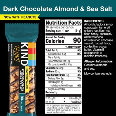 KIND THINS Dark Chocolate Nuts &amp; Sea Salt Bars, 0.74 Ounce, 10 Count, Gluten Free Bars, 4g Sugar (60 Bars)