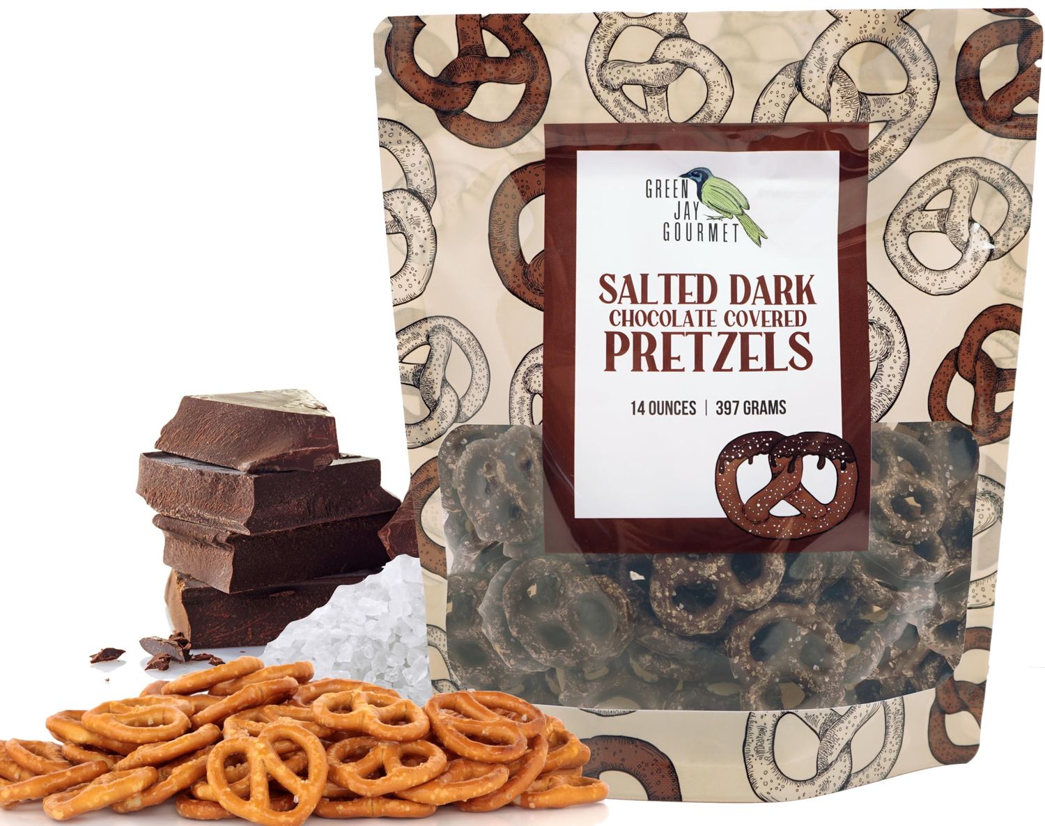 Green Jay Gourmet Salted Dark Chocolate Covered Pretzels - Handmade &amp; Fresh Gourmet Candy - Sweet &amp; Salty Snack - Great Gift for Chocolate Lovers - 14 Ounce Bag