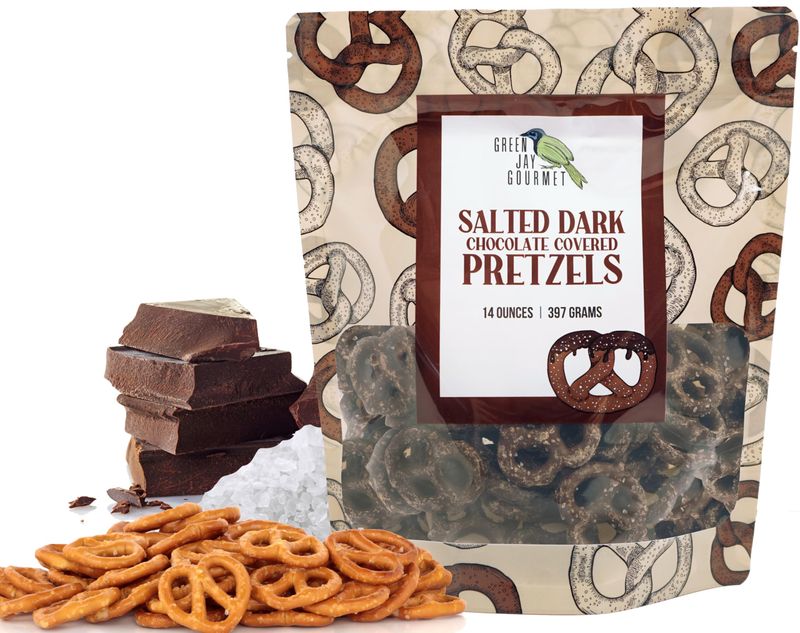 Green Jay Gourmet Salted Dark Chocolate Covered Pretzels - Handmade &amp; Fresh Gourmet Candy - Sweet &amp; Salty Snack - Great Gift for Chocolate Lovers - 14 Ounce Bag