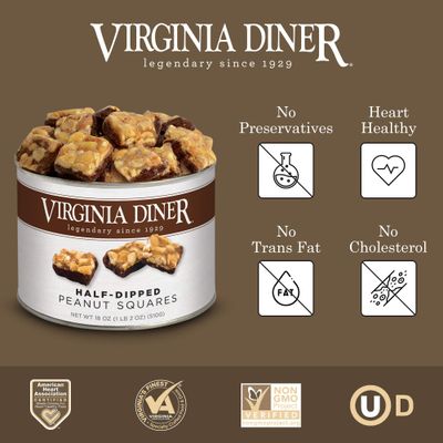 Virginia Diner - Gourmet Natural 1/2 Dipped Milk Chocolate Peanut Squares, 16 Ounce Tin