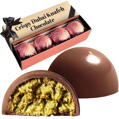 Dubai Pistachio Kunafa Chocolate Balls 5.6 Oz - Gourmet Chocolate with Knafeh Filling-Pistachio &amp; Kadayif, 4-Piece Gift Box - Luxury Chocolate Gift, Exotic Delight with a Crunchy Pistachio Twist