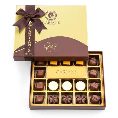 CARIANS Chocolatier Holiday Assorted Gourmet Chocolate Gold Gift Box, Creamy Milk Dark, and White Chocolate Treats for Thank you, Anniversary, Christmas Candy Gift for Family and Friends, Large Size