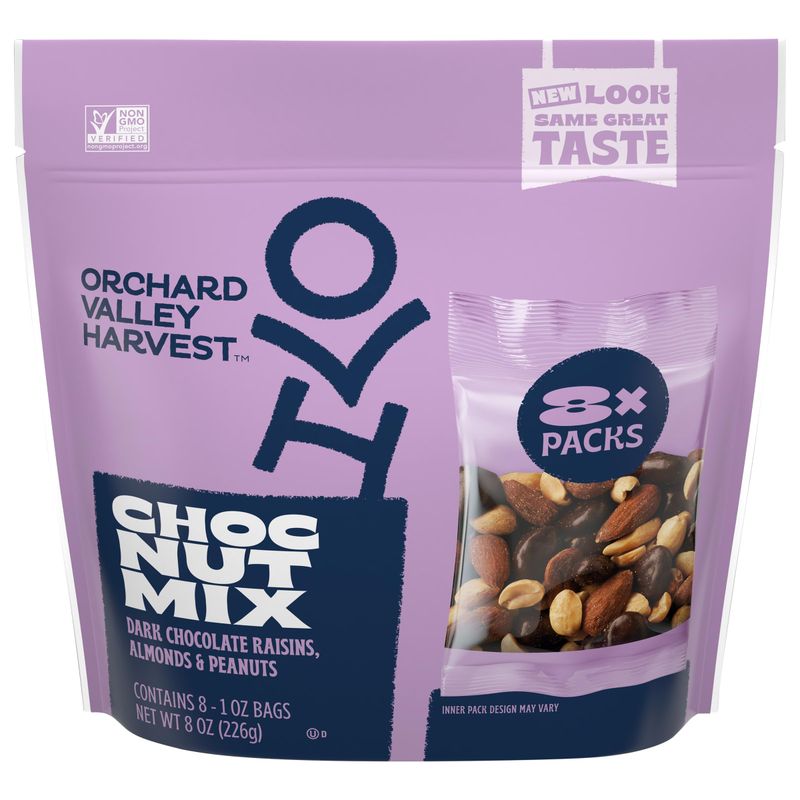 Orchard Valley Harvest Choc Nut Mix Multipack, 1 oz (Pack of 8), Dark Chocolate Raisins, Almonds &amp; Peanuts, Gluten Free, Resealable Bag, Non-GMO, 4g Plant Based Protein Per Serving, On-The-Go Snack