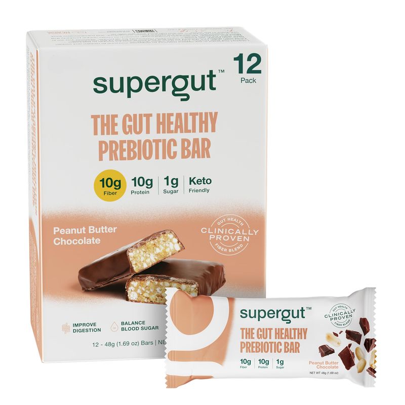 Supergut GLP-1 Boosting Prebiotic Bars, Peanut Butter Chocolate - Gut Healthy Protein Snacks &amp; Breakfast Bars - Keto-Friendly Meal Replacement Energy Bars for Gut Health (12 Count)