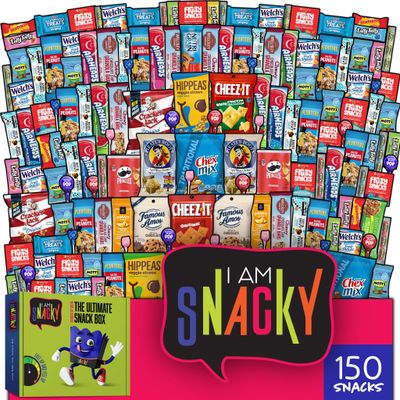 I AM Snacky - Valentines Snack Box Care Package + Greeting Card - SNACKY&#39;S CELEBRATION CRATE (150 Count) Birthday Sweet Treats Gift Basket, Candies Chips,