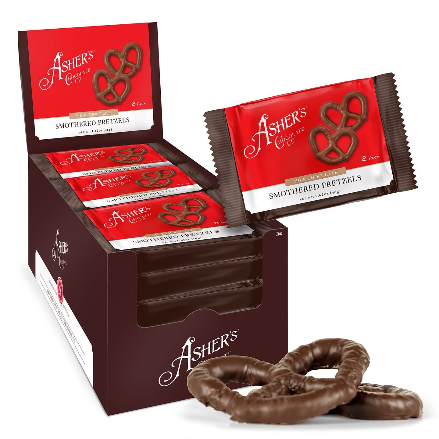 Asher&#39;s Chocolates Company, Delicious Chocolate Covered Pretzels, 2 Packs of Sweet and Salty Candies, Small Batches of Kosher Chocolate, Family Owned Since 1892 (15 Count, Milk Chocolate)