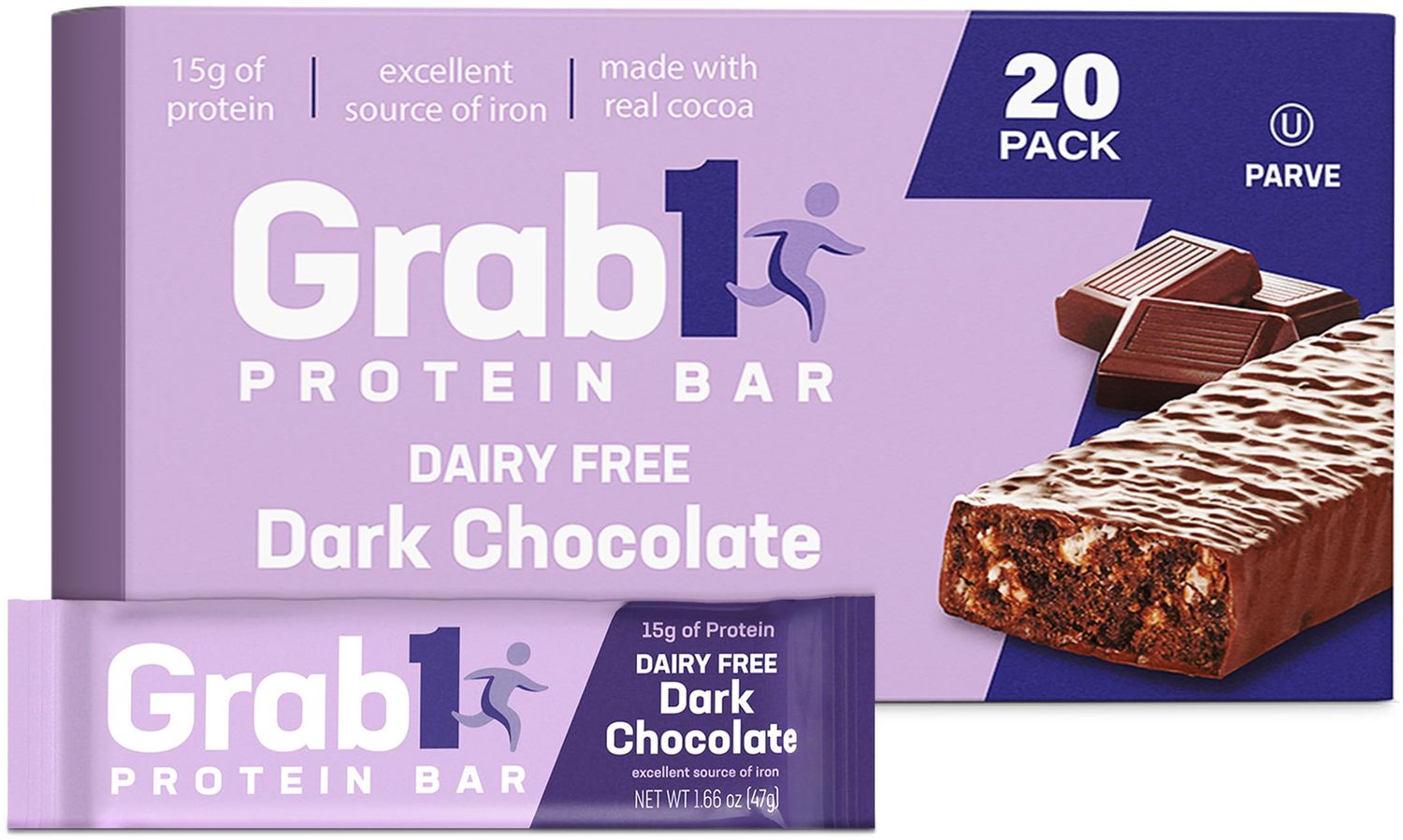 Grab1 Dairy Free Real Dark Chocolate Protein Bars | 15g Protein (20 Bars) | Controls Hunger | Vegan Friendly | Certified Kosher | Delicious Tasting | Low Calorie | Great Meal Replacement or Snack
