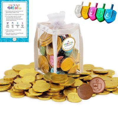 The Dreidel Company Hanukkah Gift-Set of 8 Dreidels and 25 Nut-Free Premium Belgian Chocolate Gelt Coins for Chanukah, In adorable Dreidel Shaped Keepsake Bag (Hanukkah Chocolate Gelt)