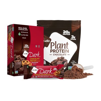 NuGo Dark Chocolate Pretzel w/SS, 12g Vegan Protein, Gluten Free, Kosher Pareve, Non-GMO, 12 Count and NuGo Plant Protein Powder, Chocolate, 20g Protein, 3g Sugar, 25 Servings