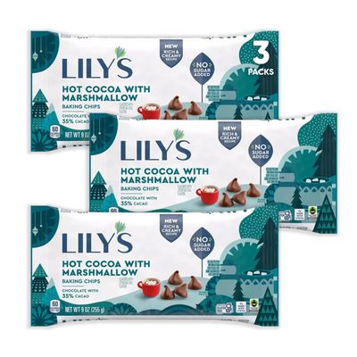 Lilys Hot Cocoa with Marshmallow Flavor Baking Chips 3 packs - No Sugar, Low Carb, Rich &amp; Creamy 35% Cacao, Stevia Hot Chocolate Baked Chips for Baking