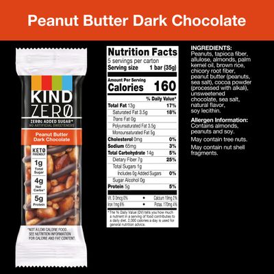 KIND ZERO Added Sugar Bars, Keto Snack, Peanut Butter Dark Chocolate, Good Source of Fiber, Gluten Free, Low Sugar, 5g Protein, 30 Count