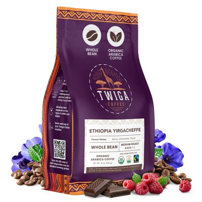 Twiga Coffee Ethiopia Yirgacheffe Coffee Beans Medium Roast- Organic Whole Bean Coffee Medium Roast Arabica, Berry, Chocolate &amp; Floral Notes - Fresh Roasted Coffee Beans for Balanced Flavor - 12 oz