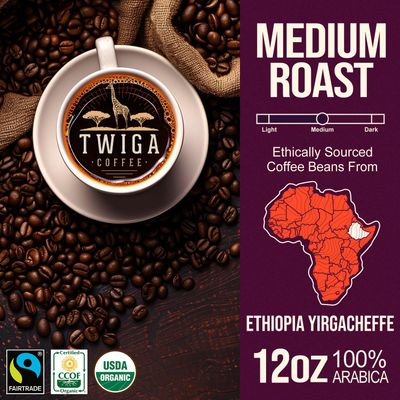 Twiga Coffee Ethiopia Yirgacheffe Coffee Beans Medium Roast- Organic Whole Bean Coffee Medium Roast Arabica, Berry, Chocolate & Floral Notes - Fresh Roasted Coffee Beans for Balanced Flavor - 12 oz