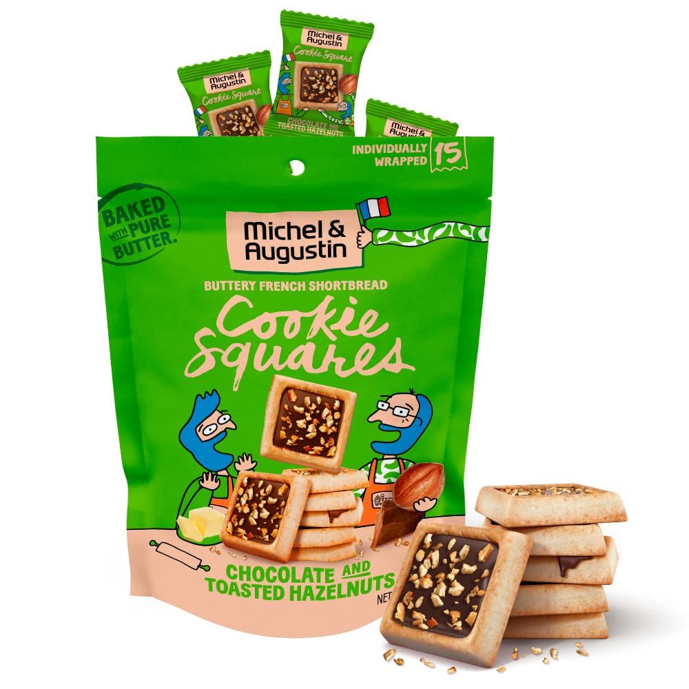 Michel et Augustin Chocolate Cookie Snack Bag, Christmas Gifts, Milk Chocolate &amp; Hazelnut French Shortbread Cookies, Chocolate Gift Box, 15 Individually Wrapped Cookies, Stocking Stuffers for Adults