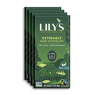 Extremely Dark Chocolate Bar by Lily&#39;s | Made with Stevia, No Added Sugar, Low-Carb, Keto Friendly | 85% Cocoa | Fair Trade, Gluten-Free &amp; Non-GMO | 2.8 ounce, 4-Pack