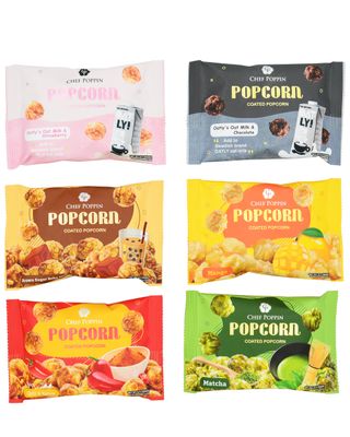CHEF POPPIN Gourmet Coated Popcorn, Chef Poppin Melody Box A (Matcha + Boba Tea + Mango + Chili + Chocolate Oat milk + Strawberry Oat milk)