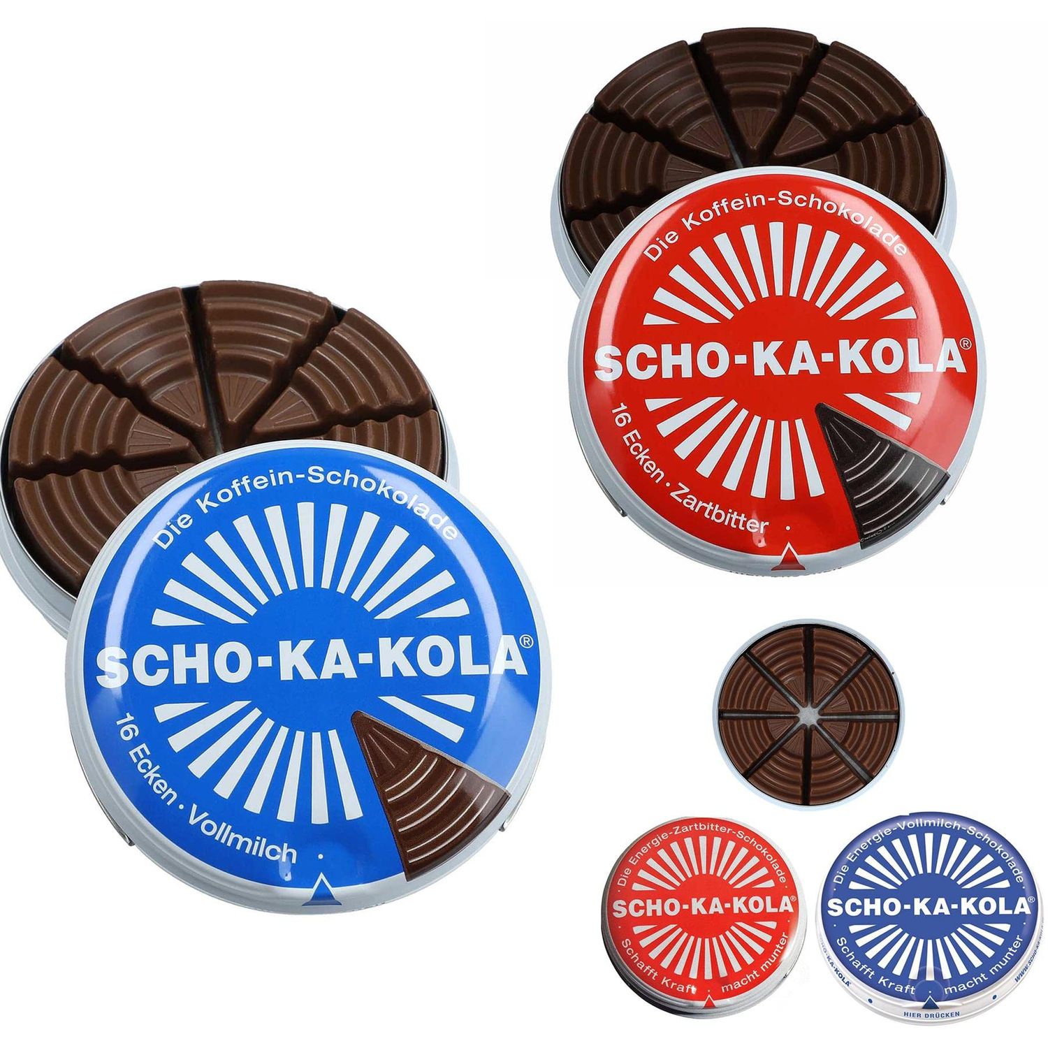 SCHO-KA-KOLA Chocolate Mix with natural Caffeine from Cocoa, Cola-Nut-Powder and Coffee 1 tin x 100 g Dark classic 1 tin x 100 g Milk/Germany