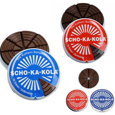 SCHO-KA-KOLA Chocolate Mix with natural Caffeine from Cocoa, Cola-Nut-Powder and Coffee 1 tin x 100 g Dark classic 1 tin x 100 g Milk/Germany
