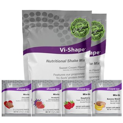 Vi-Shape Four Flavor Transformation Kit - 2 Shake Pouches (48 Servings) + 1 Box Chocolate Mix-In + 1 Box Strawberry Mix-In + 1 Box Banana Bread Mix-In + 1 Box Raspberry Mix-In
