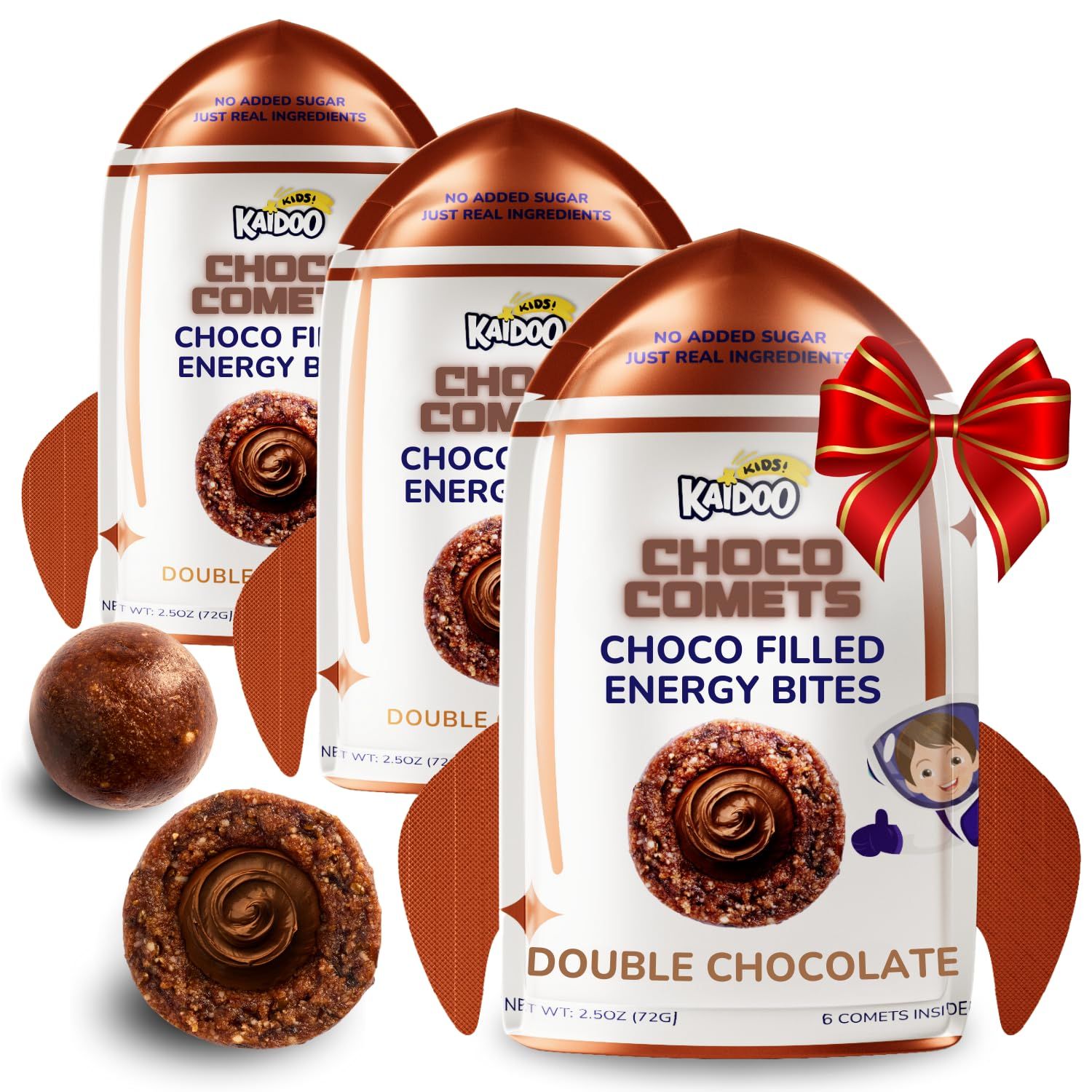 Kaidoo Kids Choco Comets, Double Chocolate 3 Pack, Chocolate Energy Balls, Perfect Stocking Stuffers, Natural High Protein High Fiber, Dye Free, No Added Sugar, 7+ Activities, Healthy Snack Bites