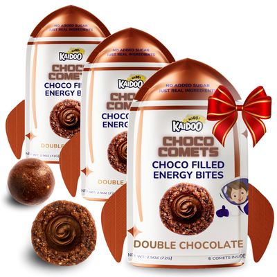Kaidoo Kids Choco Comets, Double Chocolate 3 Pack, Chocolate Energy Balls, Perfect Stocking Stuffers, Natural High Protein High Fiber, Dye Free, No Added Sugar, 7+ Activities, Healthy Snack Bites