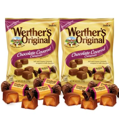 Werther&#39;s Original Chocolate Covered Caramels Gift - Soft Caramel Candies Coated in Decadent Milk Chocolate - Pack of 2, 4.51 oz Bags By Lyza&#39;s Sweets &amp; Treats