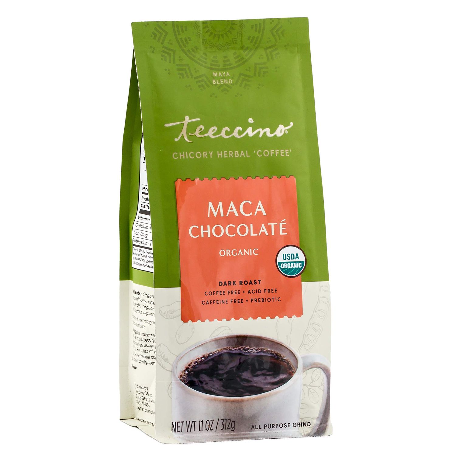 Teeccino Maca Chocolat Chicory Coffee Alternative - Ground Herbal Coffee Thats Prebiotic, Caffeine Free &amp; Acid Free, Dark Roast, 11 Ounce
