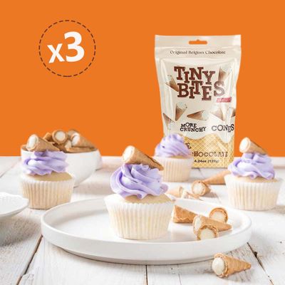 Tiny Bites - Waffle Mini Cones with Real Belgian White Chocolate (3 Pack) - Original Recipe, Delicious Cornet Snack - Bite-Size Cones by Beemax - 4.24 oz (120g)