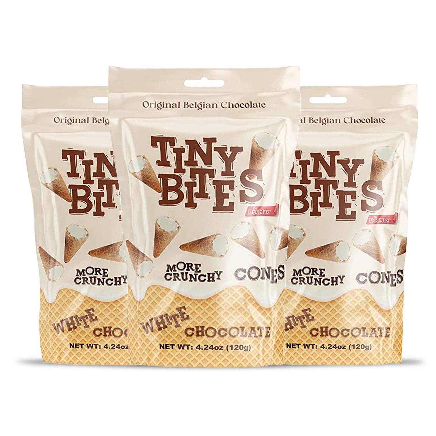 Tiny Bites - Waffle Mini Cones with Real Belgian White Chocolate (3 Pack) - Original Recipe, Delicious Cornet Snack - Bite-Size Cones by Beemax - 4.24 oz (120g)