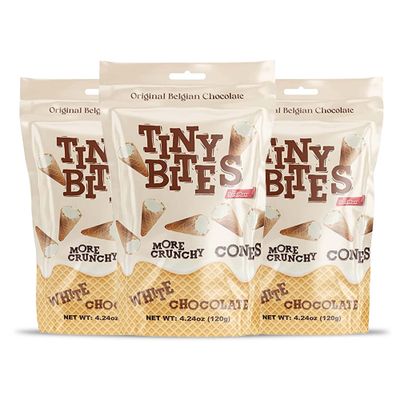 Tiny Bites - Waffle Mini Cones with Real Belgian White Chocolate (3 Pack) - Original Recipe, Delicious Cornet Snack - Bite-Size Cones by Beemax - 4.24 oz (120g)
